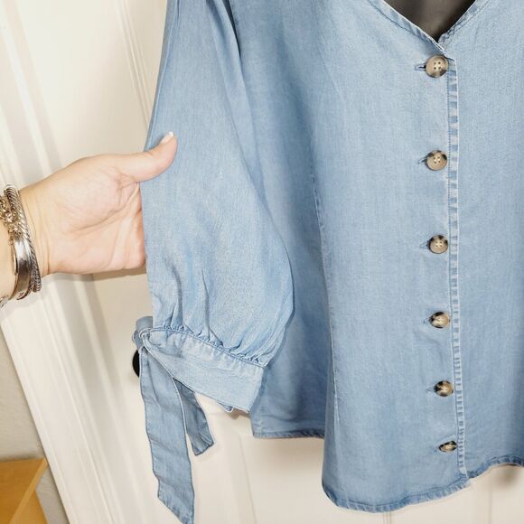 1511 Inc Top Woman XLarge Blue Chambray Fitted Tie Sleeve V-Neck Casual Boho Y2K - Picture 3 of 14